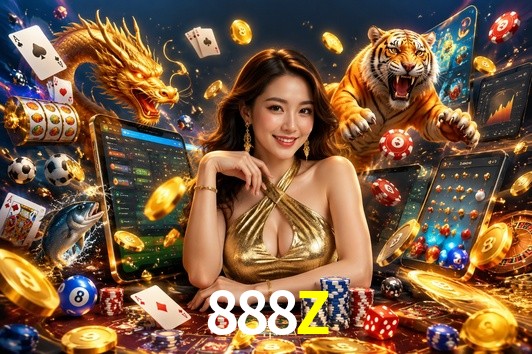 Una escena digital vívida inspirada en casino con 888Z mostrado prominentemente, luces brillantes, fichas, cartas y acentos dorados.